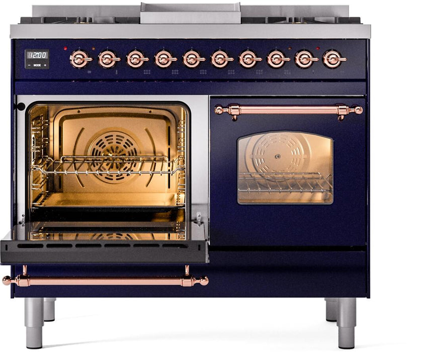 ILVE Nostalgie II 40" Dual Fuel Natural Gas Range in Blue with Copper Trim, UPD40FNMPMBP