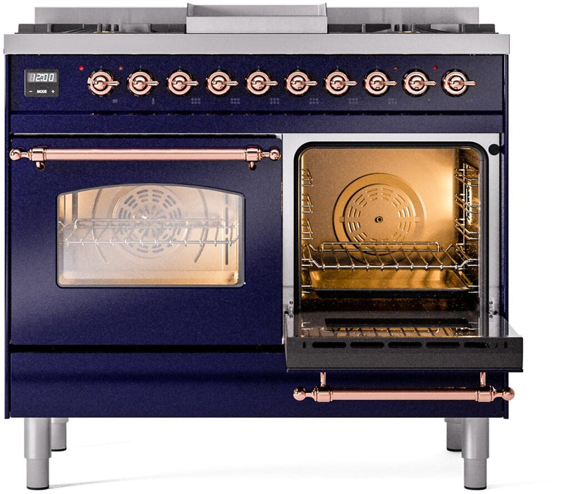 ILVE Nostalgie II 40" Dual Fuel Natural Gas Range in Blue with Copper Trim, UPD40FNMPMBP