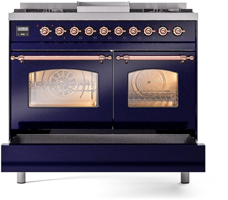 ILVE Nostalgie II 40" Dual Fuel Natural Gas Range in Blue with Copper Trim, UPD40FNMPMBP