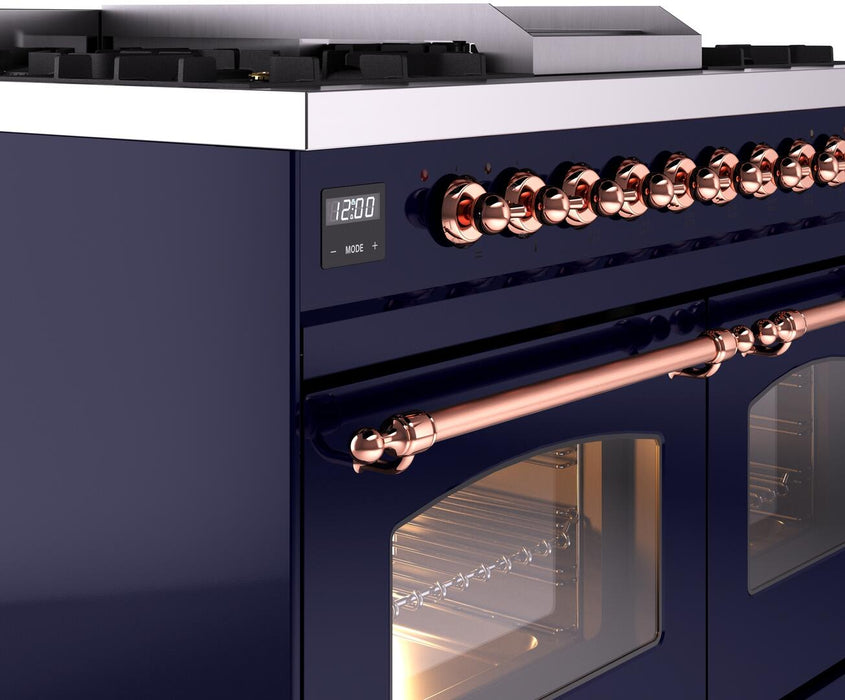 ILVE Nostalgie II 40" Dual Fuel Natural Gas Range in Blue with Copper Trim, UPD40FNMPMBP