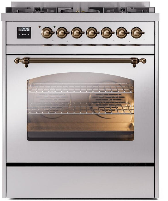 ILVE Nostalgie II 30" Dual Fuel Propane Gas Range in Stainless Steel with Bronze Trim, UP30NMPSSBLP