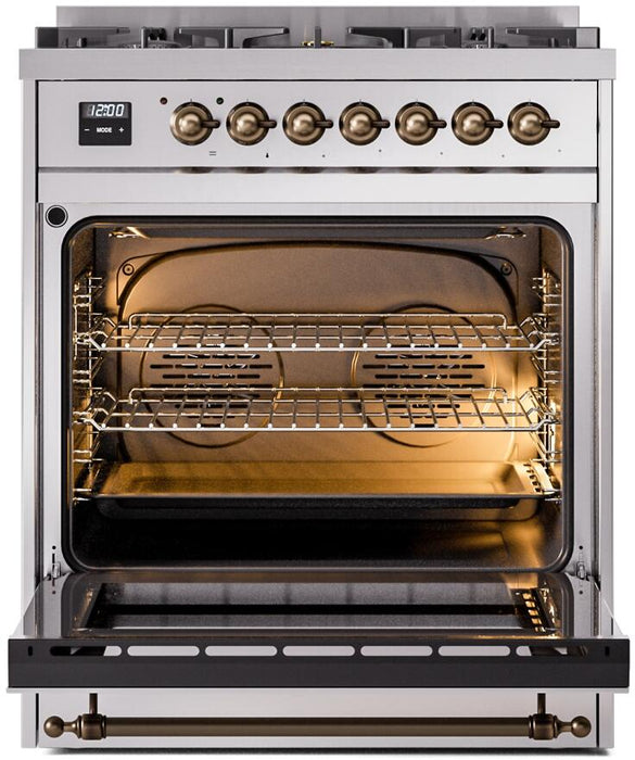 ILVE Nostalgie II 30" Dual Fuel Propane Gas Range in Stainless Steel with Bronze Trim, UP30NMPSSBLP