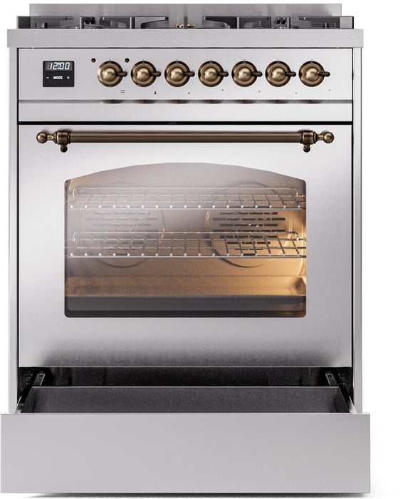 ILVE Nostalgie II 30" Dual Fuel Propane Gas Range in Stainless Steel with Bronze Trim, UP30NMPSSBLP