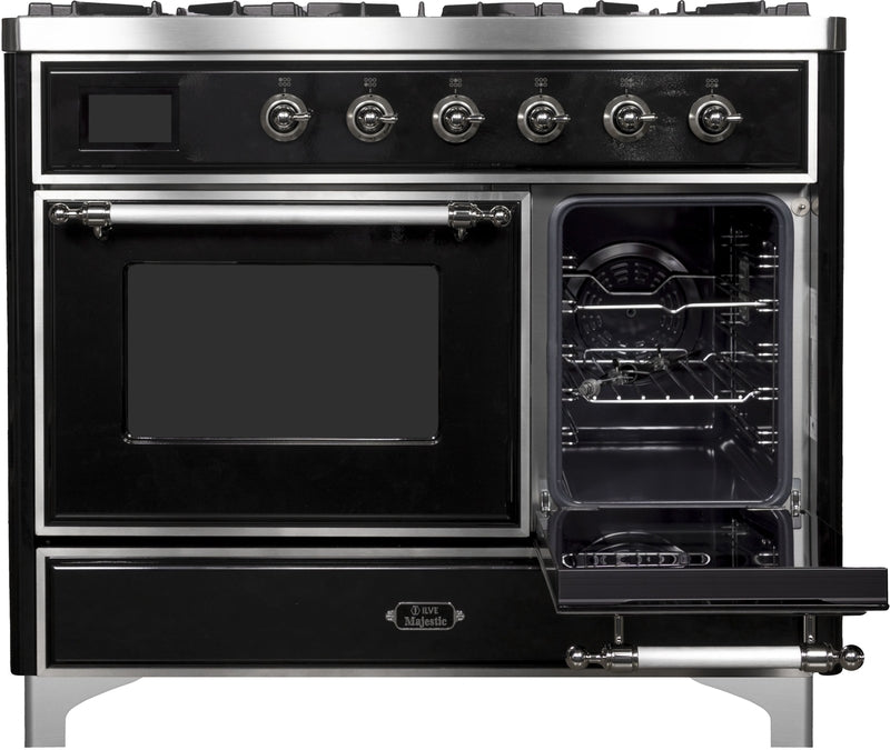 ILVE Majestic II 40" Dual Fuel Natural Gas Range in Glossy Black with Chrome Trim, UMD10FDNS3BKC