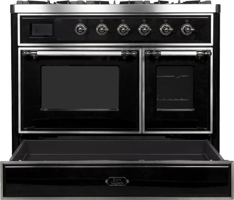 ILVE Majestic II 40" Dual Fuel Natural Gas Range in Glossy Black with Chrome Trim, UMD10FDNS3BKC