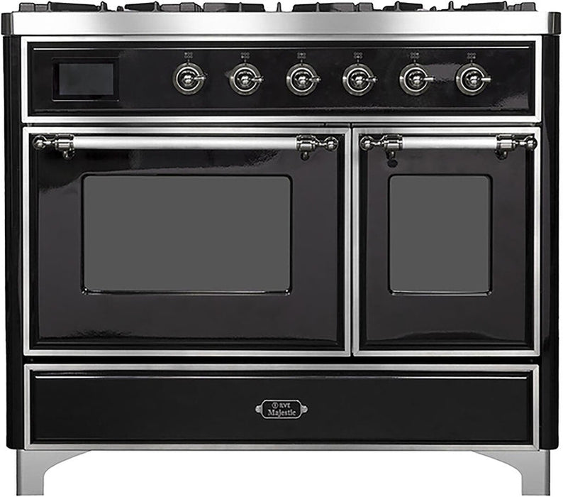 ILVE Majestic II 40" Dual Fuel Natural Gas Range in Glossy Black with Chrome Trim, UMD10FDNS3BKC