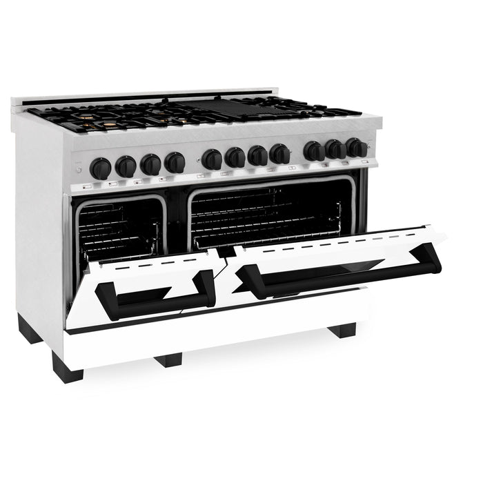 ZLINE Autograph Edition 48 in. 6.0 cu. ft. Range, Gas Stove/Electric Oven in DuraSnow® with White Matte Door, Matte Black Accents, RASZ-WM-48-MB