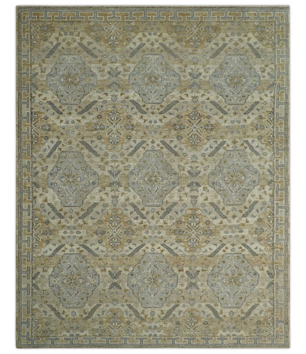 Custom Made Ivory, Brown and Blue Traditional Hand Knotted Wool Area Rug