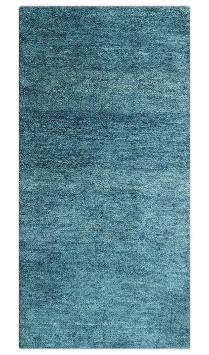 Custom Made Contemporary Solid Plush Blue Hand Knotted Wool Rug