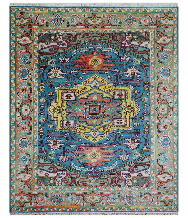 Traditional Medallion Design Blue Hand knotted 8x10 Wool Area Rug