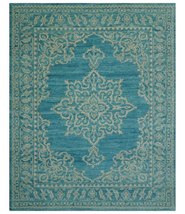 Custom Made Traditional Turkish Design Blue Hand Knotted Wool Area Rug