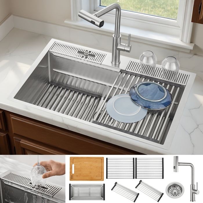 FORNO ACQUA 33 in. Drop-In/Undermount 3-Level Workstation Sink with Waterfall Faucet & Glass Rinser