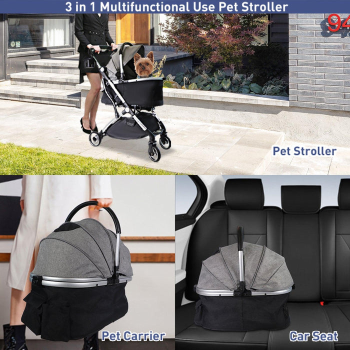 3 in 1 Travel Dog Stroller Pet Carrier with Detachable Carrier & Adjustable Handle, Gray