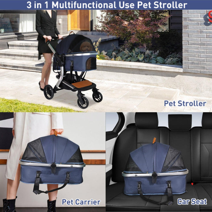 3 in 1 Travel Dog Stroller Pet Carrier with Detachable Carrier & Adjustable Handle, Blue