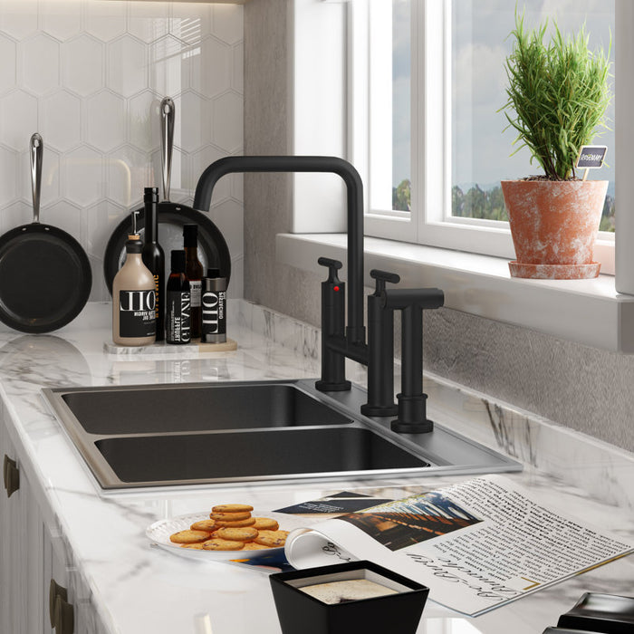 Matte Black Felixbath Bridge Double Handles Kitchen Sink Faucet with Side Spray (Part number: FBCPN026B)