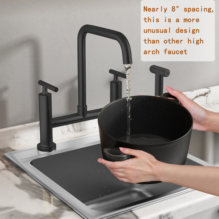 Matte Black Felixbath Bridge Double Handles Kitchen Sink Faucet with Side Spray (Part number: FBCPN026B)