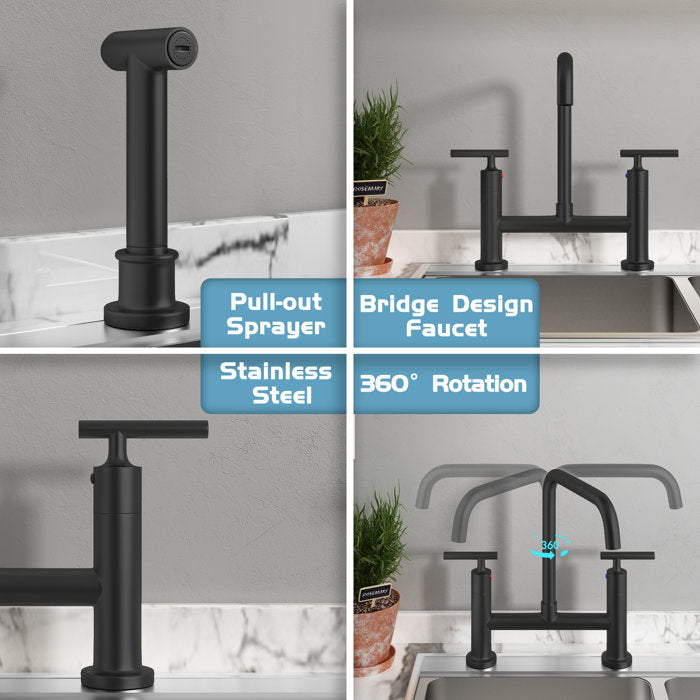 Matte Black Felixbath Bridge Double Handles Kitchen Sink Faucet with Side Spray (Part number: FBCPN026B)