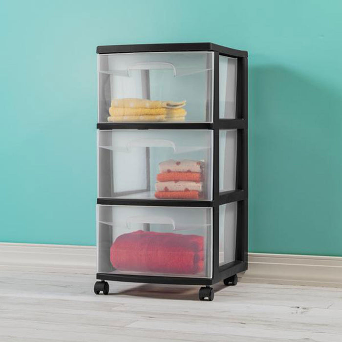 Sterilite 3 Drawer Plastic Rolling Storage Cart, Clear with Black Frame (6-Pack)