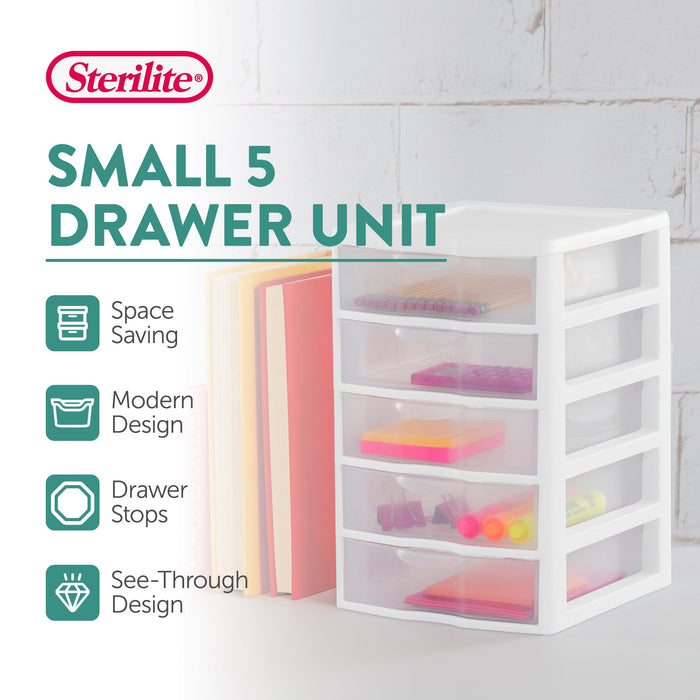 Sterilite Clearview Plastic Small 5 Drawer Desktop Storage Unit, White (12 Pack)