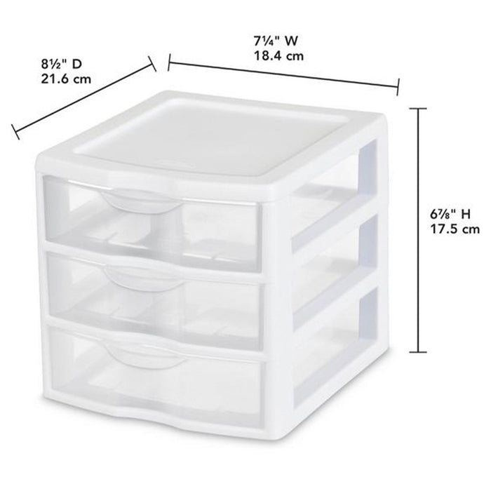 Sterilite ClearView Plastic Small 3 Drawer Desktop Storage Unit, White, 12 Pack