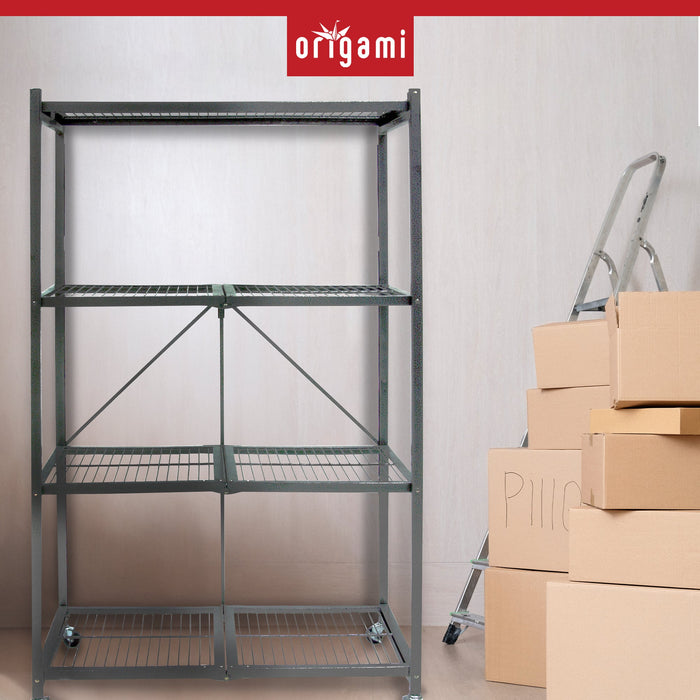 Origami 4 Tier Multipurpose Folding Storage Organizing Rack with Wheels (2 Pack)