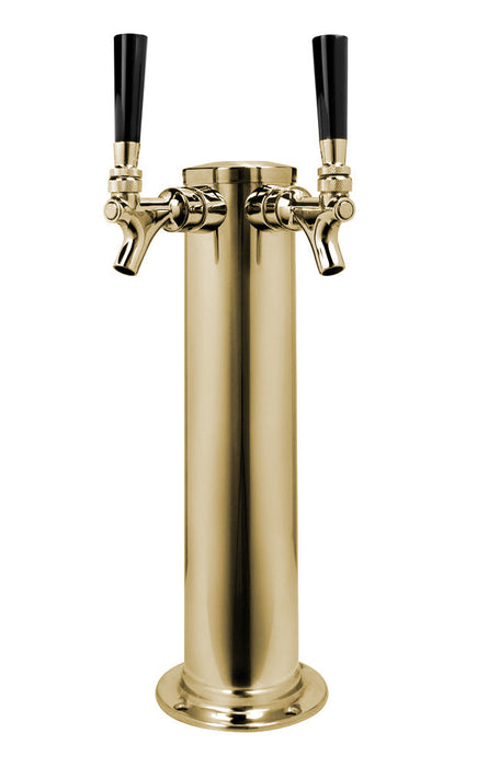 14" Tall Double Faucet Polished Brass Draft Beer Tower - Standard Faucets