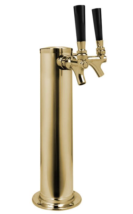 14" Tall Double Faucet Polished Brass Draft Beer Tower - 100% Stainless Contact