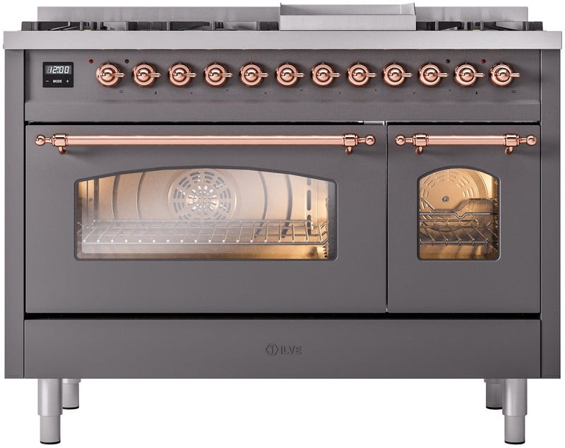 ILVE Nostalgie II 48" Dual Fuel Propane Gas Range in Matte Graphite with Copper Trim, UP48FNMPMGPLP