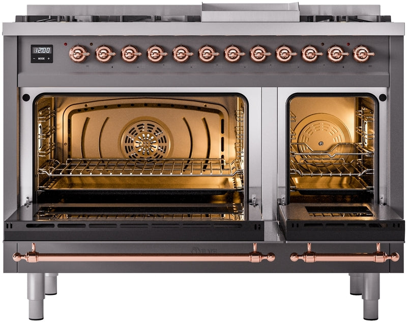 ILVE Nostalgie II 48" Dual Fuel Propane Gas Range in Matte Graphite with Copper Trim, UP48FNMPMGPLP