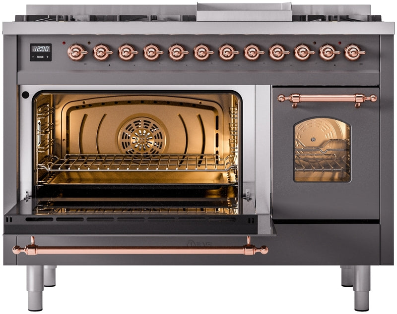 ILVE Nostalgie II 48" Dual Fuel Propane Gas Range in Matte Graphite with Copper Trim, UP48FNMPMGPLP