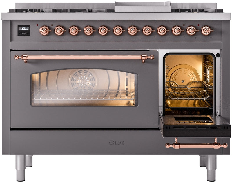 ILVE Nostalgie II 48" Dual Fuel Propane Gas Range in Matte Graphite with Copper Trim, UP48FNMPMGPLP