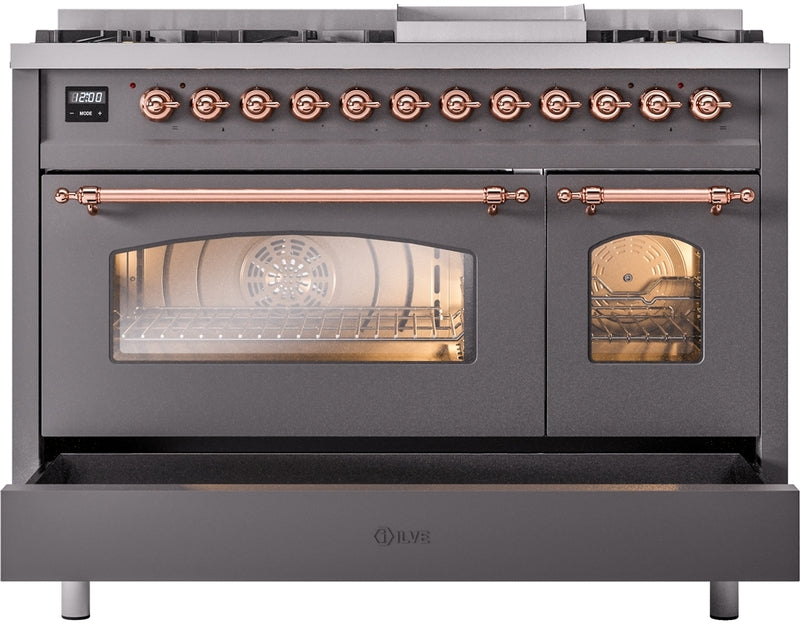 ILVE Nostalgie II 48" Dual Fuel Propane Gas Range in Matte Graphite with Copper Trim, UP48FNMPMGPLP