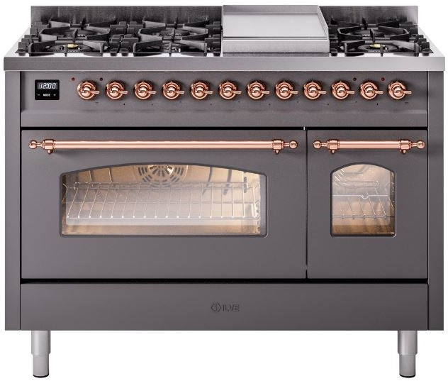 ILVE Nostalgie II 48" Dual Fuel Propane Gas Range in Matte Graphite with Copper Trim, UP48FNMPMGPLP