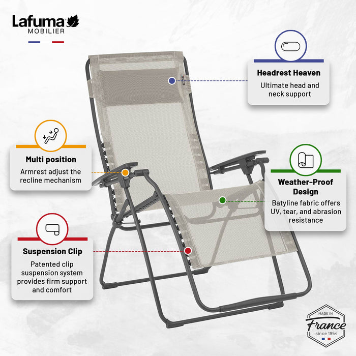 Lafuma Futura XL Zero Gravity Outdoor Steel Framed Lawn Recliner Chair, Seigle