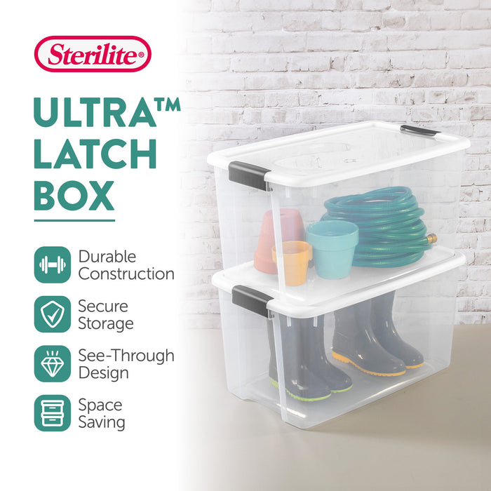 Sterilite 70 Qt Clear Plastic Stackable Storage Bin w/ White Latch Lid, 16 Pack