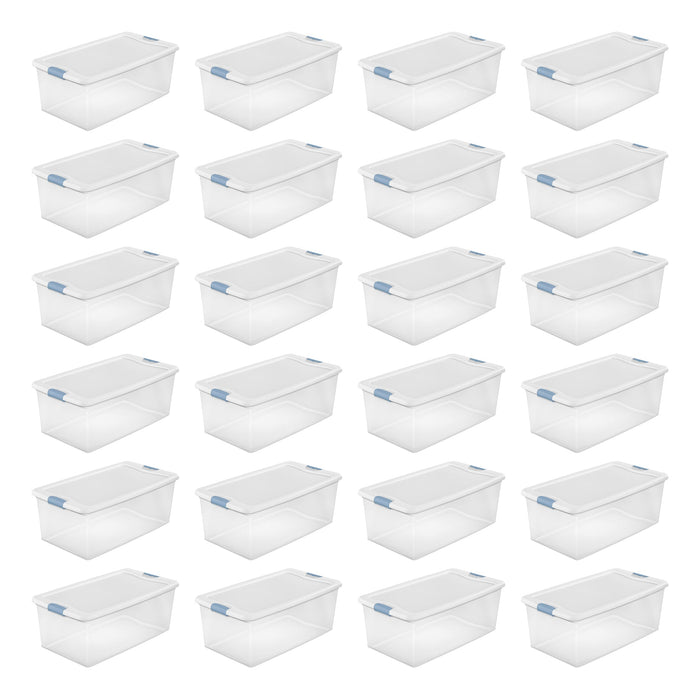 Sterilite 106 Qt Clear Plastic Stackable Storage Bin w/ White Latch Lid, 24 Pack