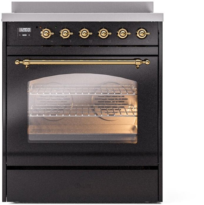 ILVE Nostalgie II 30" Induction Range with Element Stove and Electric Oven in Black with Brass Trim, UPI304NMPBKG