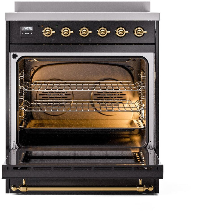 ILVE Nostalgie II 30" Induction Range with Element Stove and Electric Oven in Black with Brass Trim, UPI304NMPBKG