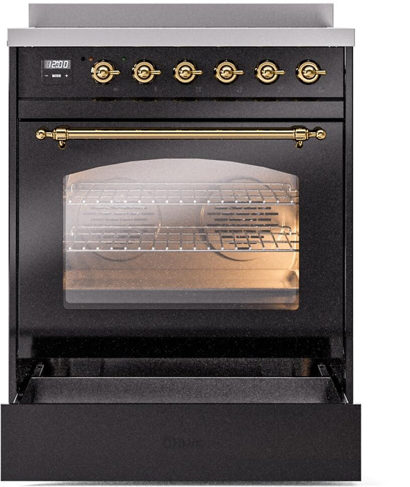 ILVE Nostalgie II 30" Induction Range with Element Stove and Electric Oven in Black with Brass Trim, UPI304NMPBKG