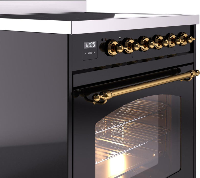 ILVE Nostalgie II 30" Induction Range with Element Stove and Electric Oven in Black with Brass Trim, UPI304NMPBKG