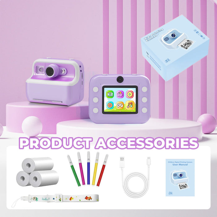 Kids Camera Instant Camera Christmas Birthday Gifts 1080P Digital Video Camera with 3 Rolls Paper, Purple