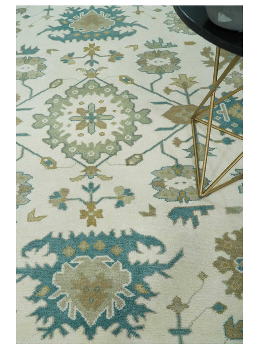 Hand Knotted Ivory, Beige and Teal Traditional Oushak Wool Area Rug