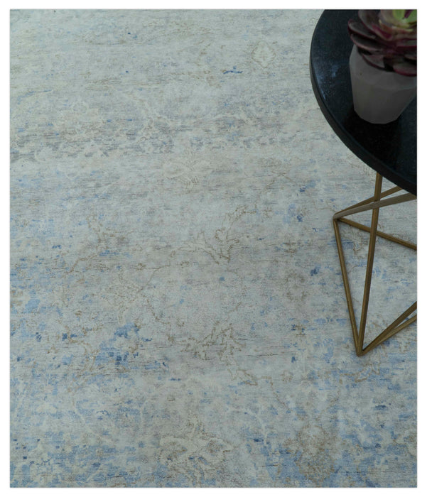 Modern Abstract Design Gray And Blue 10x13 Hand Knotted Bamboo Silk Area Rug