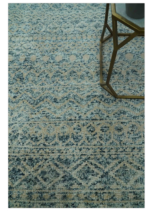 6X9 Teal and Beige Hand Knotted Southwestern Tribal Trellis recycled silk Rug