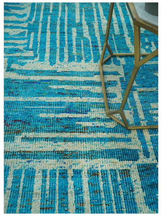 Modern stripes design Blue and Beige 5x8 Hand knotted wool area rug