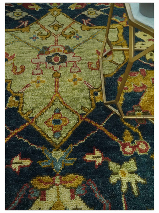 Traditional Oushak Blue and Gold Antique Style Hand knotted Custom Made Area Rug