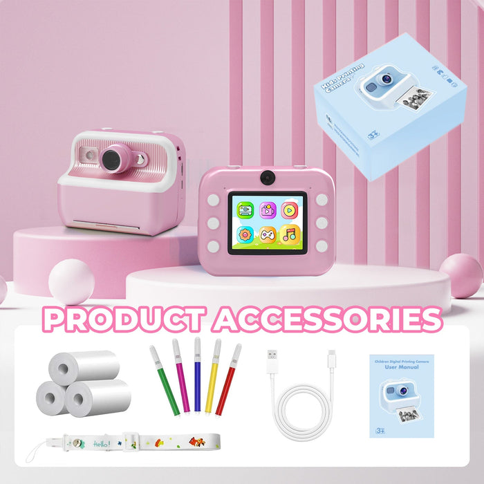 Kids Camera Instant Camera Christmas Birthday Gifts 1080P Digital Video Camera with 3 Rolls Paper, Pink