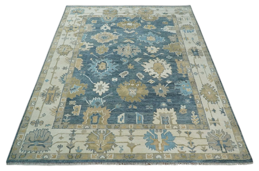 10x14 Antique Style Hand Knotted Blue, Ivory and Beige Traditional Vintage Oushak Wool Rug | TRDCP15721014