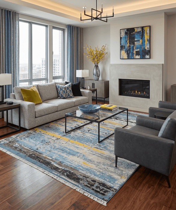 10x14 Fine Hand Knotted Blue and Black Modern Abstract Style Wool and Silk Area Rug
