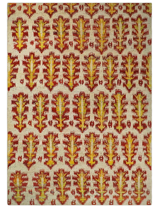 Hand Knotted Beige, Rust and Gold Modern Contemporary Southwestern Tribal Trellis Recycled Silk Area Rug